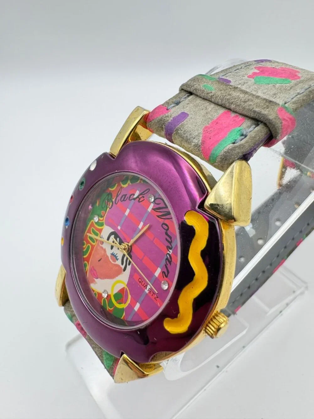 Vintage Black Woman Pop Art Quartz Watch Purple Gold Tone Memphis Style Leather